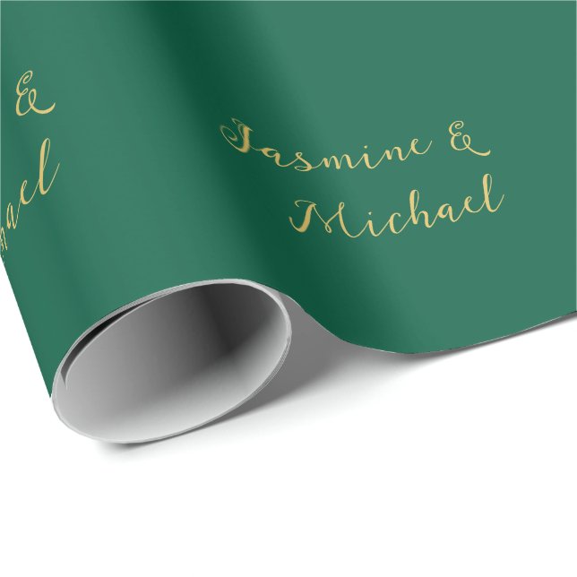 Papier Cadeau Noms de couple de calligraphie classique vert et o (Coin rond)