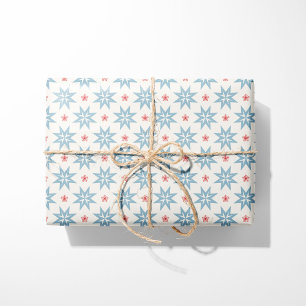Papier Cadeau Nordic Christmas Blue Stars et Red Snowflakes