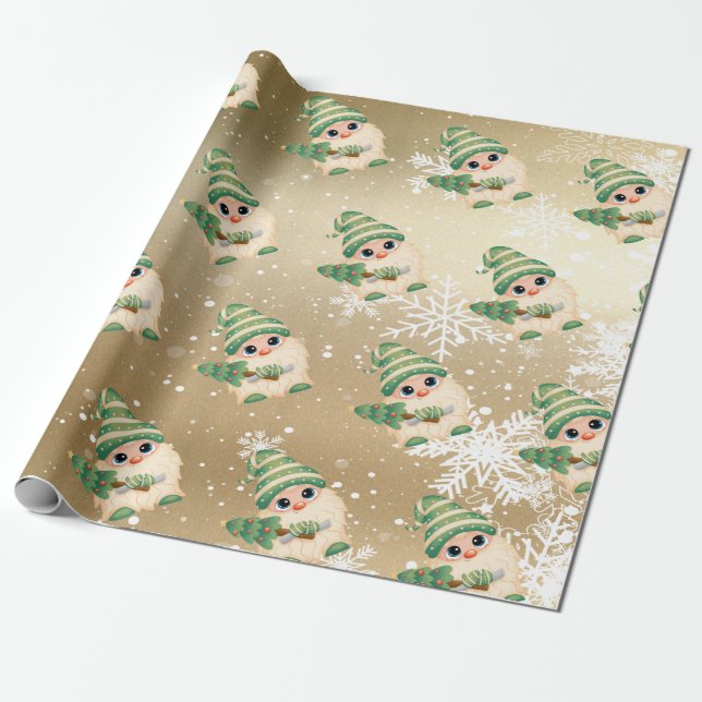 Papier Cadeau Nordic Gnome Snowflakes Gold Holiday (Déroulé)