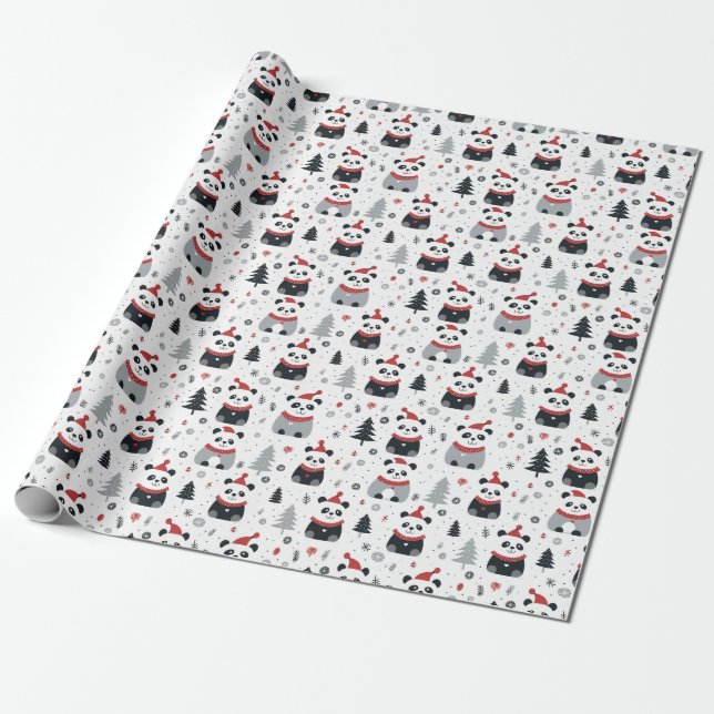 Papier Cadeau Nordic Panda Père Noël motif de vacances hivernale (Déroulé)