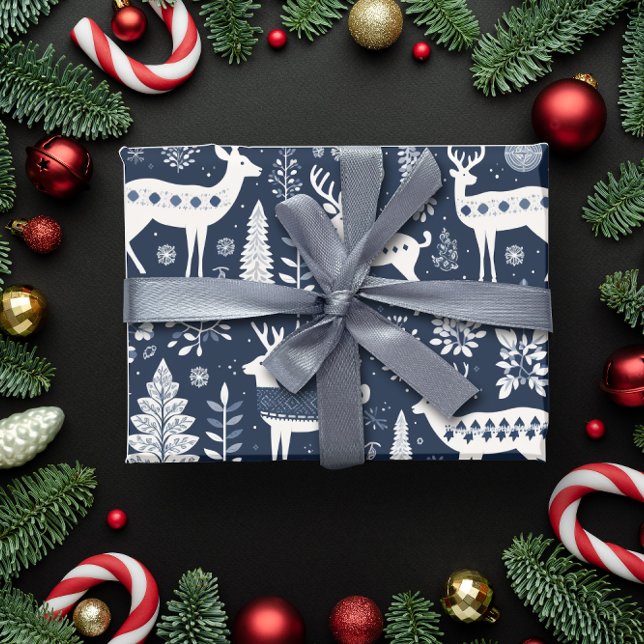 Papier Cadeau Nordique Style Cerf Bleu Noël (Nordic Style Deer Blue Christmas Wrapping Paper)