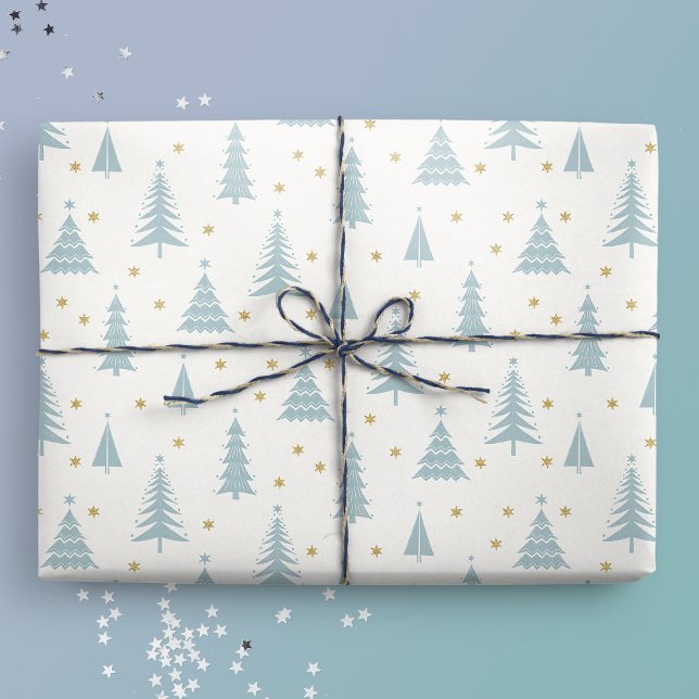 Papier Cadeau Nordique Turquoise Noël Arbres Blanc (Créateur téléchargé)