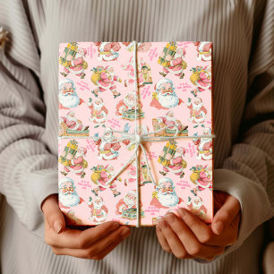 Papier Cadeau Nostalgale rétro Santa Claus-Noël en rose