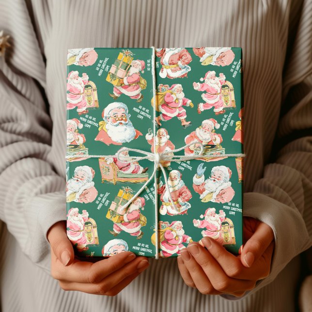 Papier Cadeau Nostalgale rétro Santa Claus-Noël en vert (Nostalgic Retro Santa Claus-Christmas in Green personalized name, gift wrapping set)