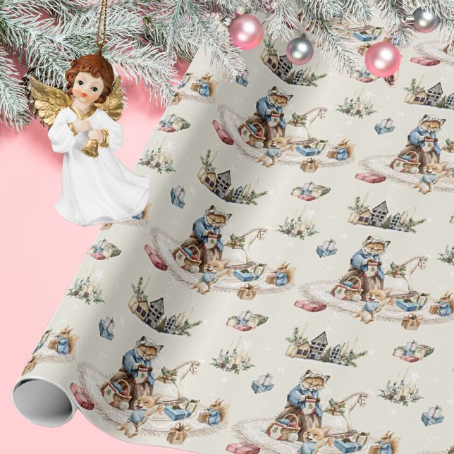 Papier Cadeau Nostalgale Rustique Vintage Noël mignons Animaux (Nostalgic Rustic Vintage Christmas Cute Animals Wrapping Paper ©Susanne Sachers - Sunny Mind 🌞)