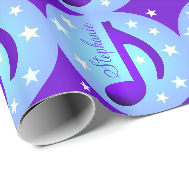Papier Cadeau Notes de Musique Cercles Bleus Étoiles Violet Pers (Coin rond)