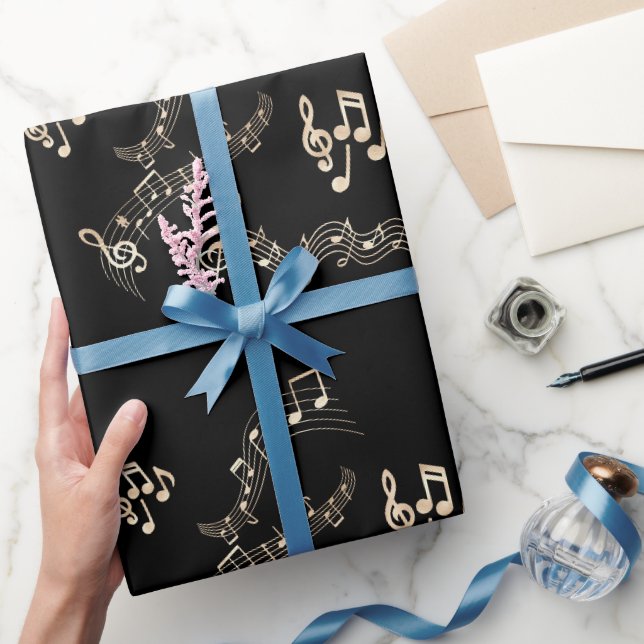 Papier Cadeau Notes de musique dorées sur fond noir moyen (Cadeaux)