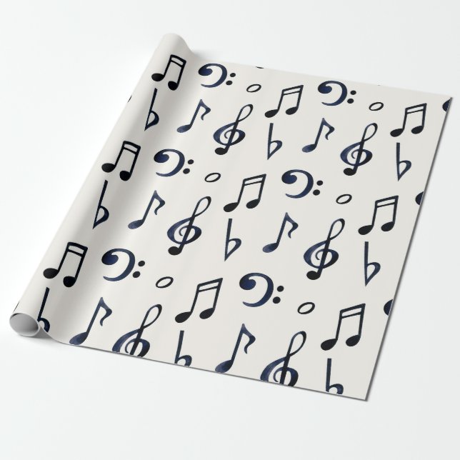 Papier Cadeau Notes de musique noires, clés de sol et de fa sur  (Déroulé)