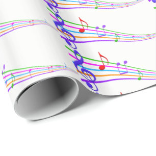 Papier Cadeau notes musicales arc-en-ciel en blanc