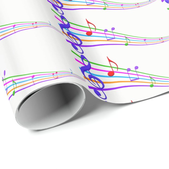 Papier Cadeau notes musicales arc-en-ciel en blanc (Coin rond)