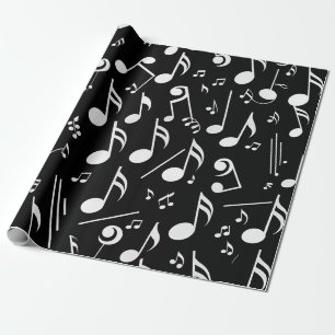 Papier Cadeau Notes musicales blanches sur noir