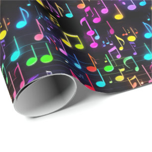 Papier Cadeau Notes musicales de Neon sur Black