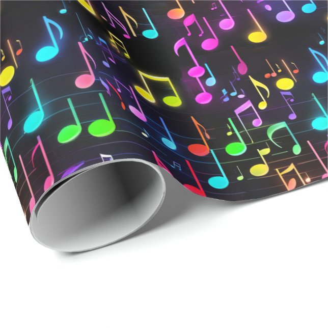 Papier Cadeau Notes musicales de Neon sur Black (Coin rond)
