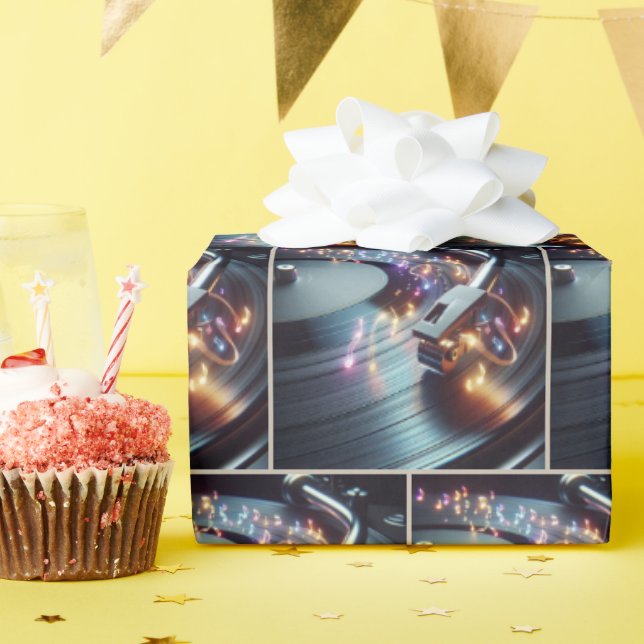 Papier Cadeau Notes musicales de Neon sur le Tourne-disque (Fête d'anniversaire)
