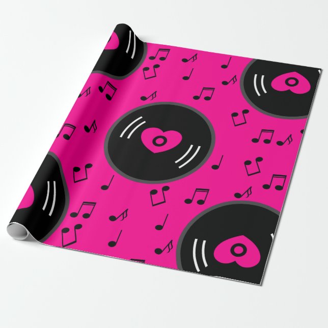Papier Cadeau notes musicales vinyle coeur rose (Déroulé)