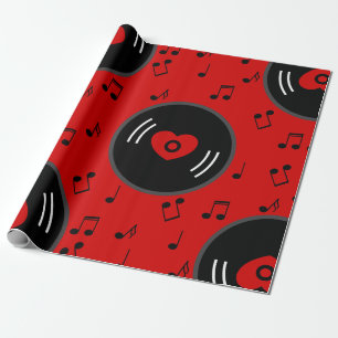 Papier Cadeau notes musicales vinyle coeur rouge