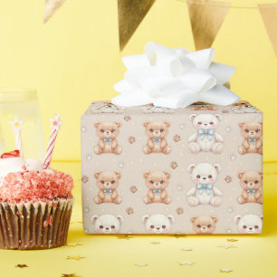Papier Cadeau Noun ours en peluche et noeuds bleus en motif cont