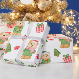 Papier Cadeau Nounours, arbres de Noël et ornements