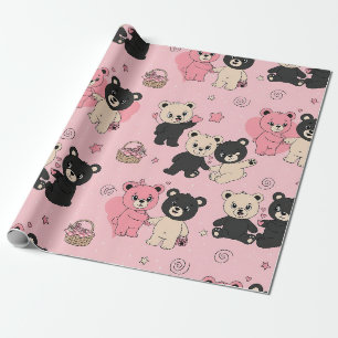 Papier Cadeau Nounours avec coeurs et roses - Saint-Valentin (1)