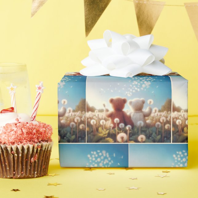 Papier Cadeau Nounours dans un champ de Dandelion (Fête d'anniversaire)