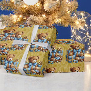 Papier Cadeau Nounours de Noël en bleu et Brown