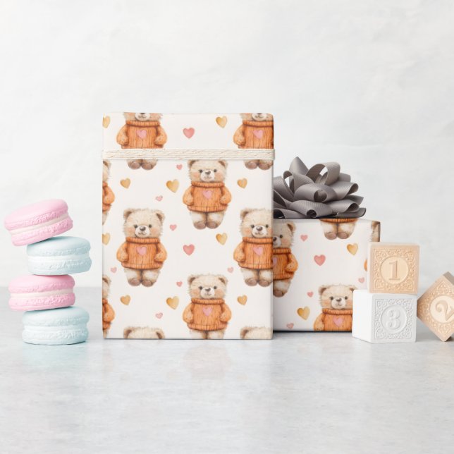 Papier Cadeau Nounours en chandail orange (Baby Shower)