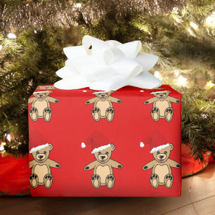 Papier Cadeau Nounours en peluche avec chapeau de Père Noël roug