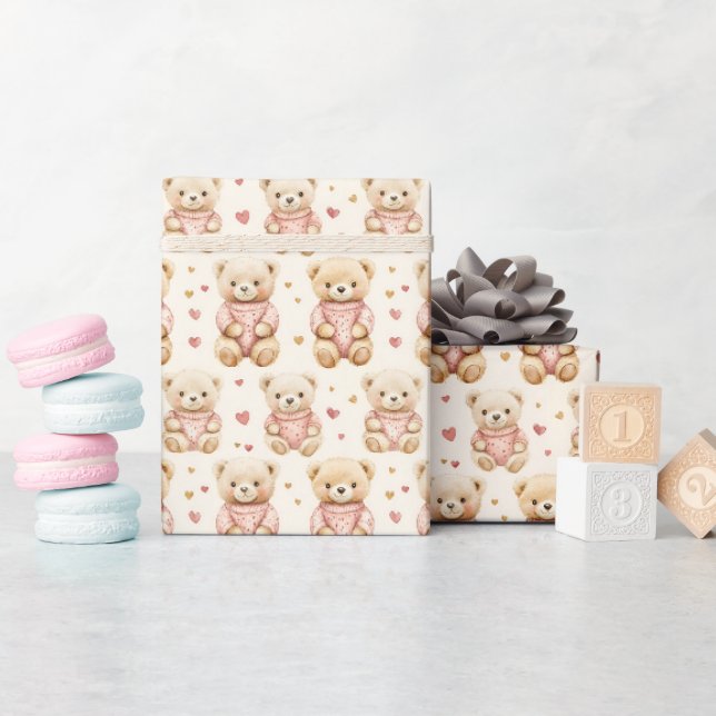 Papier Cadeau Nounours en pulls roses (Baby Shower)