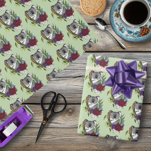 Papier Cadeau Nounours Koala Mignon Vert Flore Faune Australienn