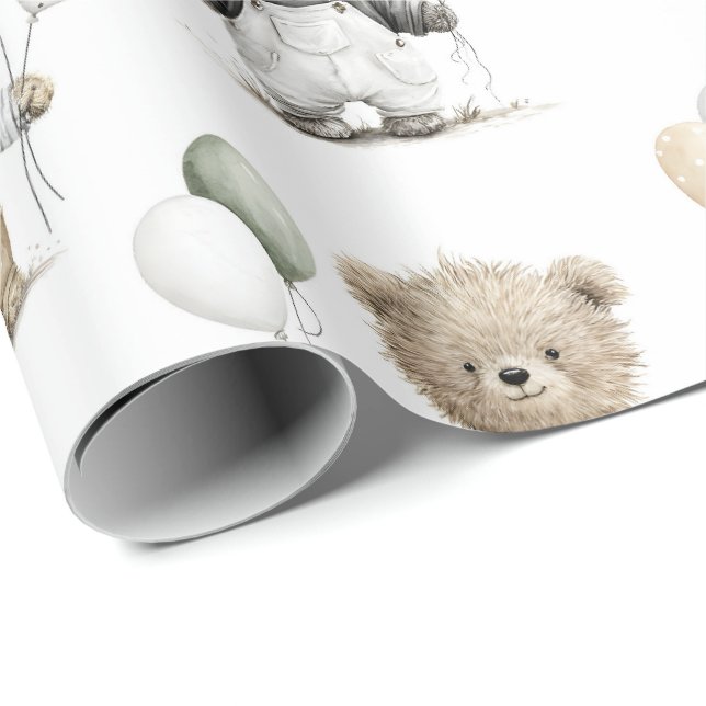 Papier Cadeau Nounours mignons à l'aquarelle avec ballons (Coin rond)