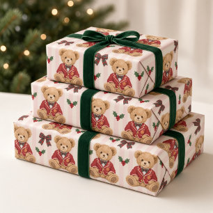 Papier Cadeau Nounours Prépa Rayure Rose Tartan Noël