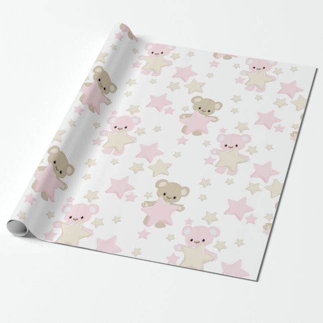 Papier Cadeau Nounours ROSE & TONNE AVEC ÉTOILES (Déroulé)