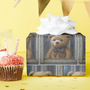 Papier Cadeau Nounours Teddy contemplant par une fenêtre pluvieu