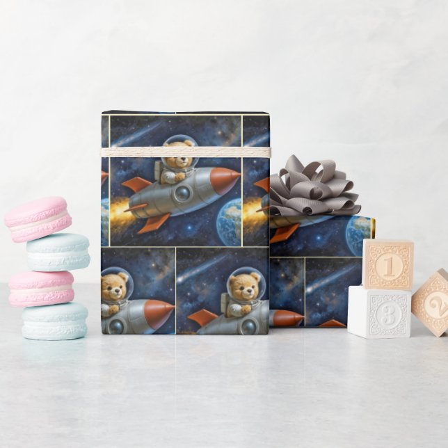 Papier Cadeau Nounours volant dans une fusée (Baby Shower)