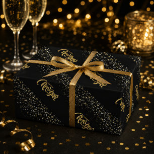 Papier Cadeau Nouvelle Année Élégante en Or Noir