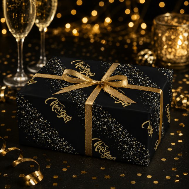 Papier Cadeau Nouvelle Année Élégante en Or Noir (Créateur téléchargé)