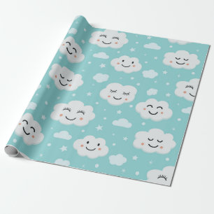 Papier Cadeau Nuages Blancs Souriants de Dessin Animé sur Fond B