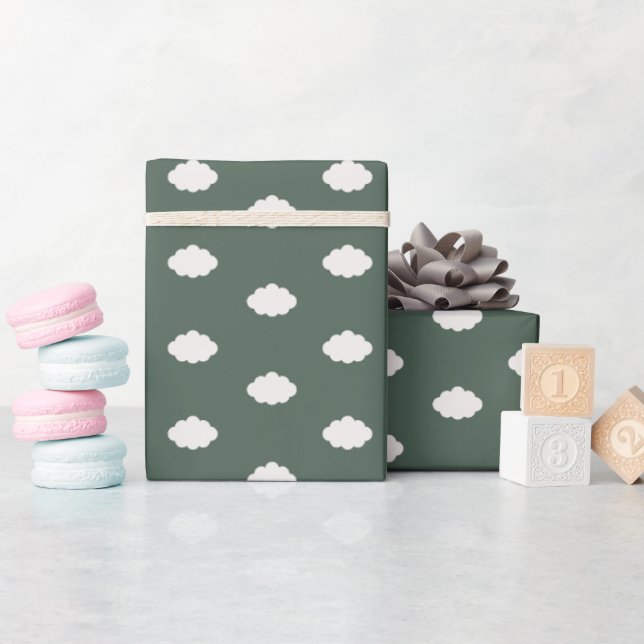 Papier Cadeau Nuages d'ivoire sur fond vert foncé (Baby Shower)