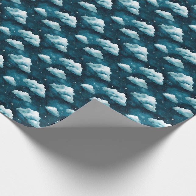 Papier Cadeau Nuages et étoiles bleus sur bleu foncé (Coin)