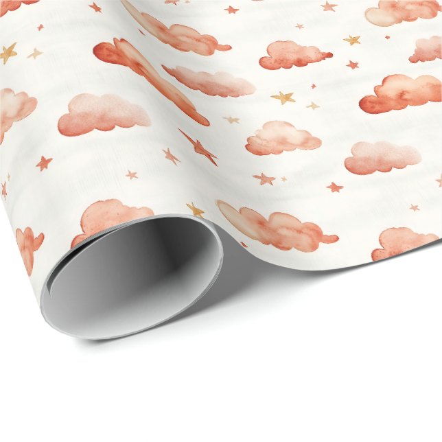 Papier Cadeau Nuages et étoiles orange Ombre (Coin rond)
