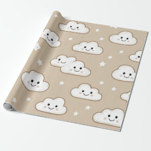 Papier Cadeau Nuages et Étoiles Souriants Kawaii sur Fond Beige