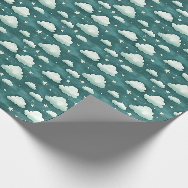 Papier Cadeau Nuages et étoiles sur Turquoise foncé (Coin)