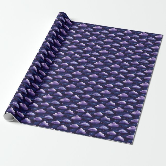 Papier Cadeau Nuages et étoiles violets en noir (Déroulé)