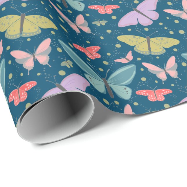 Papier Cadeau Nuages Peints de Papillons Bleu Foncé (Coin rond)