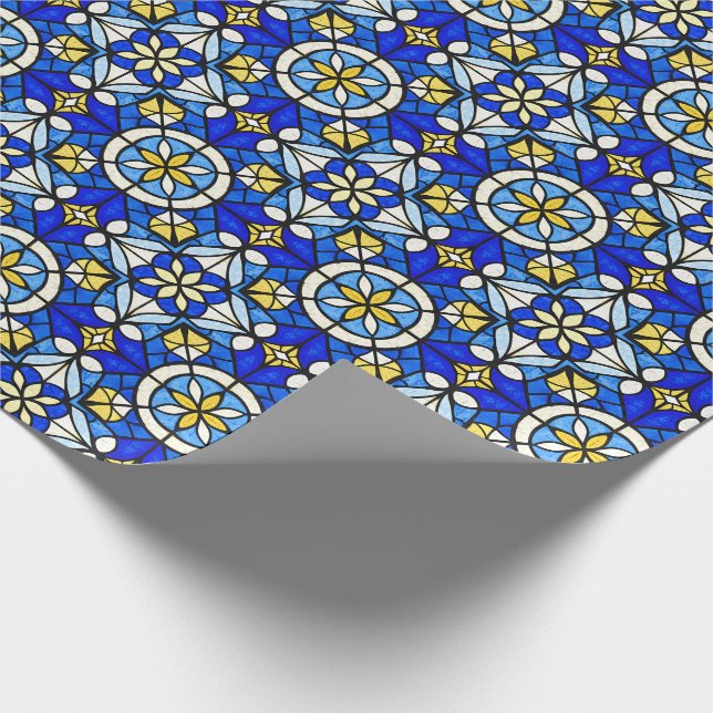 Papier Cadeau Nuances de bleu et de jaune de style vitrail (Coin)