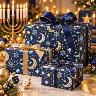 Papier Cadeau Nuit céleste de Hanukkah Ciel étoilé doré