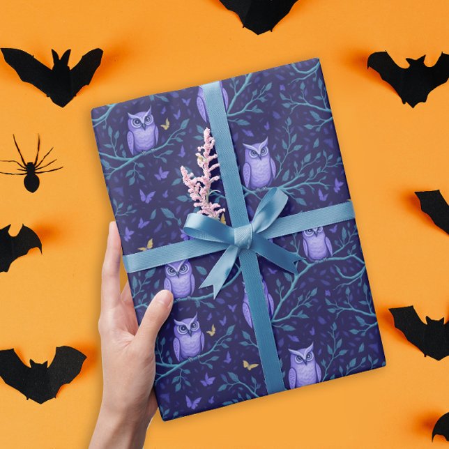 Papier Cadeau Nuit éffrayante d'Halloween avec Chouette violette (Créateur téléchargé)