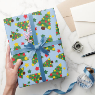 Papier Cadeau Nuit Silencieuse Arbres de Noël & Étoiles Bleu cla