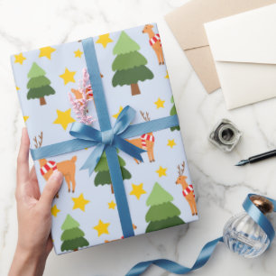 Papier Cadeau Nuits Starry Reindeer Arbre de Noël bleu clair
