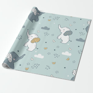 Papier Cadeau Nursery Éléphant Bébé Kawaii Bleu
